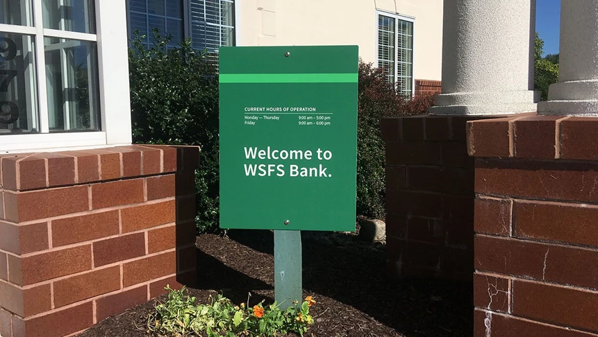 WSFS Banks welcome sign to its clients at their Concordville branch.