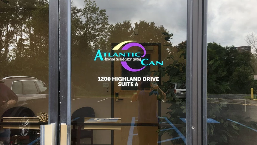 Atlantic Cans new window decal printed and later installed on site.