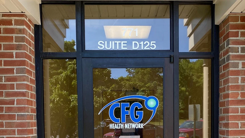 Updated window logo printed and installed for Center for Family Guidance.