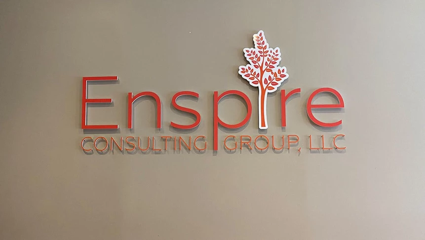 Acrylic dimensional lettering for Enspires lobby wall. The tree is made of acrylic overlaid with vinyl.