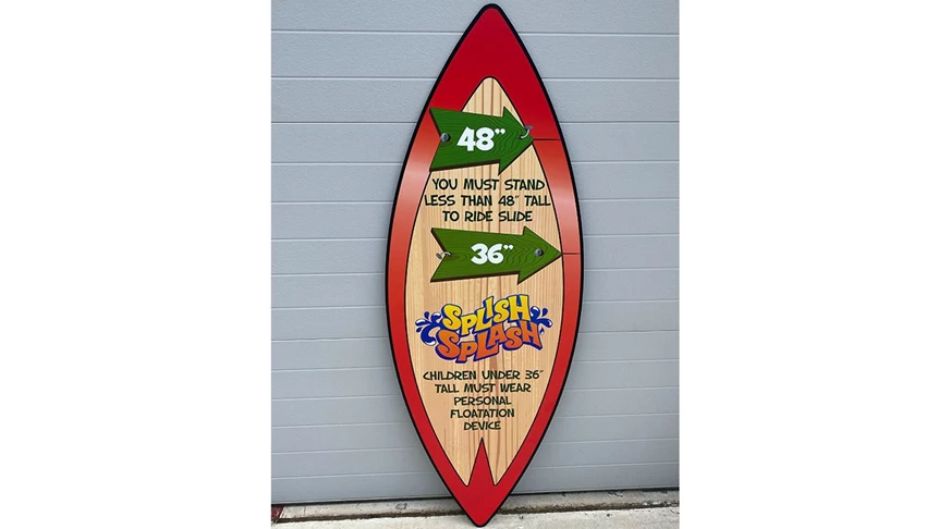 Custom surfboard safety signage for one of Sahara Sams many attractions.